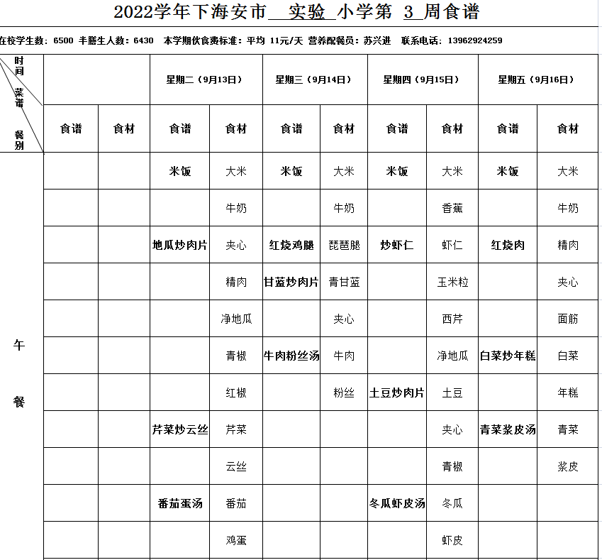 海安市实验小学2022下第3周营养菜单