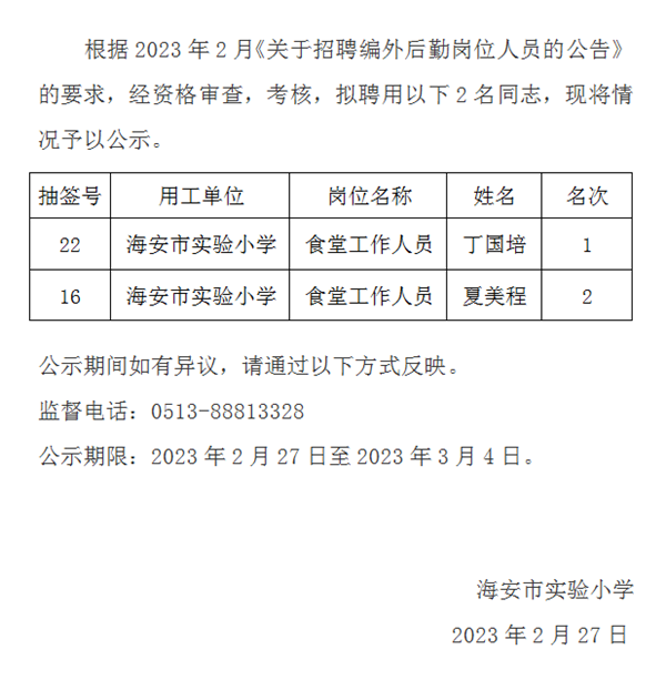 海安市实验小学教育集团招聘编外后勤岗位拟聘用人员名单公示
