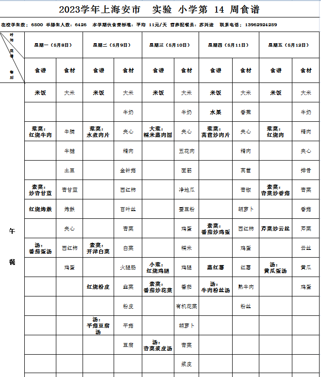 海安市实验小学2023上第14周营养菜单